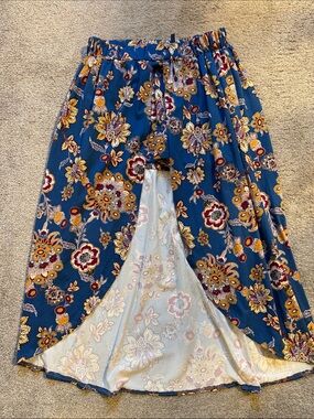 Insta Girl Blue Floral High-Low Skirt with Yellow & Burgundy Accents